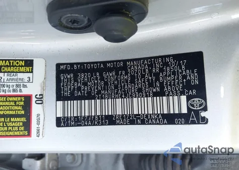 2018 Toyota Corolla Le из США, поврежденный, VIN 2T1BURHE4JC990918